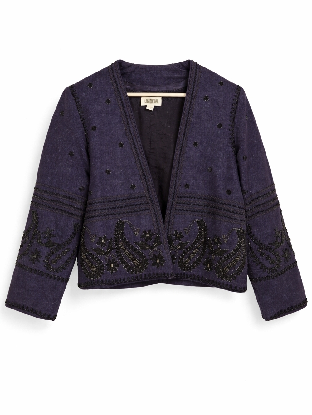 Charcoal Embroidered Beaded Bolero-Style Jacket Navy Blue 100% Cotton Size M